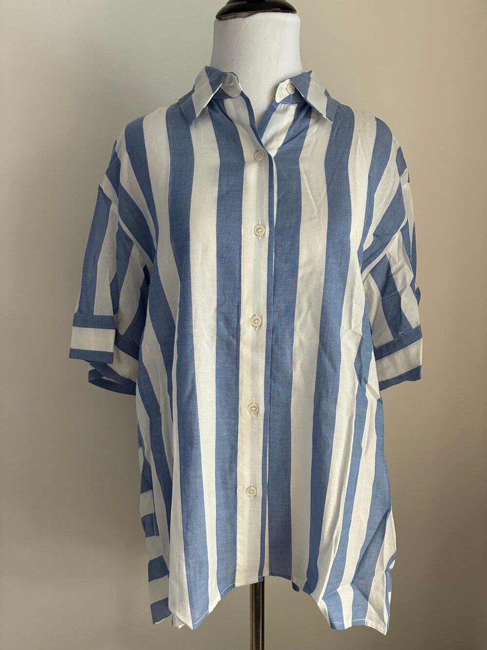 Vince Camuto Womens XS Blue White Stripe Oversized Tunic Shirt Button Down Top